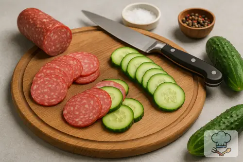 Фото 2-го шага: Бутерброды с салями, огурцом и творожным сыром