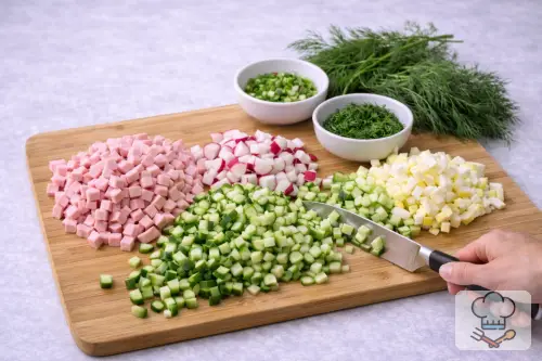 Фото 3-го шага: Окрошка с колбасой