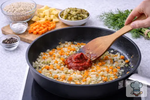 Фото 5-го шага: Рассольник с перловкой и солёными огурцами