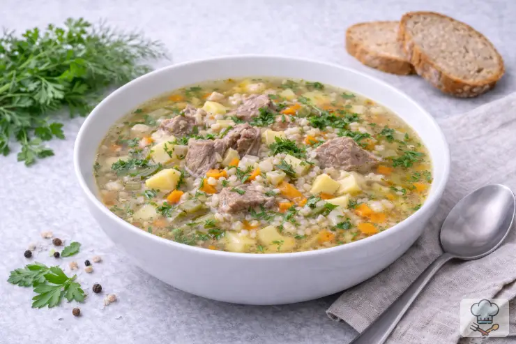 Рассольник с перловкой и солёными огурцами